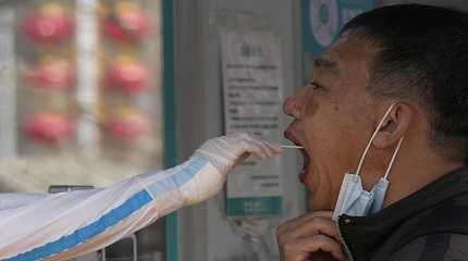 worker takes a swab sample for a COVID-19 test