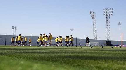 Players warm up during Japan official training
