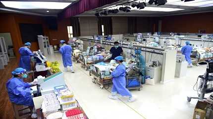 Medical workers attend to patients..