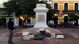 downed statue of Juan Ponce de Leon