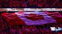 Calgary Flames fans sing the Canadian national anthem