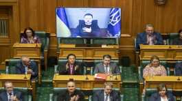 Volodymyr Zelenskyy via video during his address to the New Zealand Parliament
