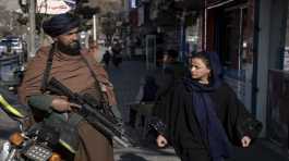 Taliban fighter stands guard as a woman walks past in Kabul