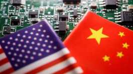 Flags of China and U.S with semiconductor chips