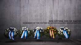 Wreaths at the memorial wall of the Nazi concentration camp Sachsenhausen