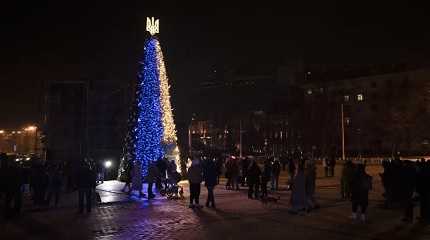 People gather around a Christmas tree