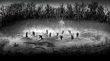 Illustration of detained Ukrainian civilians digging into frozen ground